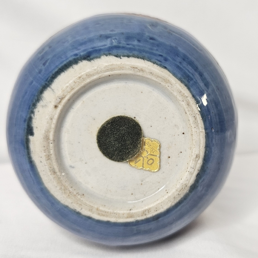 Otagiri OMC Japan Miniature Bud Vase Blue Brown Glazed Gold Sticker Vintage - Picture 7 of 9